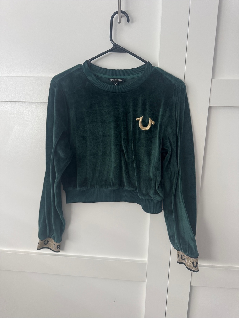 True Religion Dark Green Velvet Cropped Sweatshirt with Gold Logo
